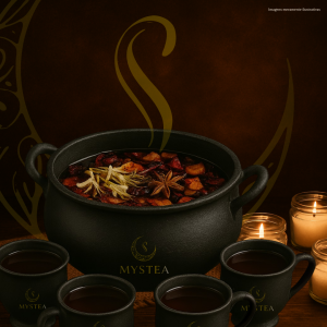 Caldeirão preto da marca Mystea cheio de infusão vermelha com especiarias, cercado por xícaras de chá e velas acesas, sobre fundo marrom decorado com elementos dourados.