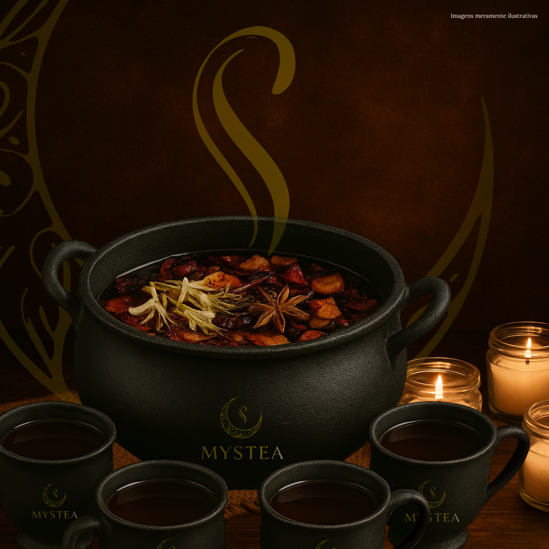 Caldeirão Mystea com Infusão Aromática Caldeirão preto da marca Mystea cheio de infusão vermelha com especiarias, cercado por xícaras de chá e velas acesas, sobre fundo marrom decorado com elementos dourados.
