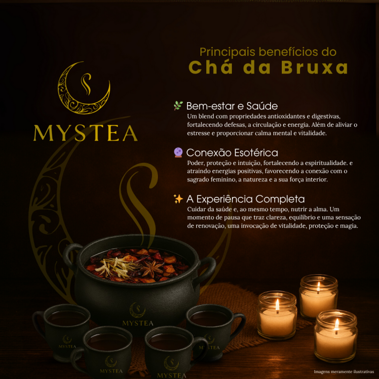 Material visual da marca Mystea apresentando um caldeirão com infusão vermelha, xícaras servidas e velas acesas, acompanhado de texto sobre os principais benefícios do “Chá da Bruxa”.