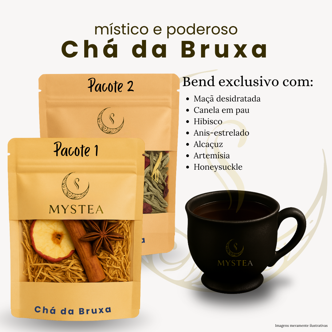 Chá da Bruxa Mystea – Blend Exclusivo Dois pacotes de chá Mystea, Pacote 1 e Pacote 2, ao lado de uma xícara preta com chá e uma lista de ingredientes do blend exclusivo do “Chá da Bruxa”.