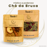 Dois pacotes de chá da marca Mystea identificados como Pacote 1 e Pacote 2, com misturas de ingredientes naturais, sob o título “místico e poderoso Chá da Bruxa”.
