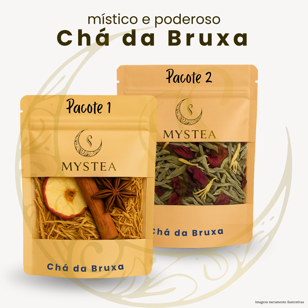 Pacotes 1 e 2 – Linha Chá da Bruxa Mystea Dois pacotes de chá da marca Mystea identificados como Pacote 1 e Pacote 2, com misturas de ingredientes naturais, sob o título “místico e poderoso Chá da Bruxa”.