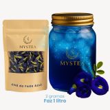 Pacote de Chá da Fada Azul Mystea ao lado de um pote de vidro azul brilhante com gelo e efeitos luminosos, acompanhado de flores frescas de Clitoria ternatea e o texto “2 gramas faz 1 litro”.