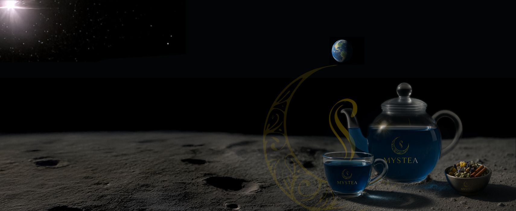 Chaleira e xícara transparentes com chá azul Mystea posicionadas sobre uma superfície lunar, com pequeno bowl de ervas ao lado, enquanto o espaço estrelado e a Terra aparecem ao fundo.