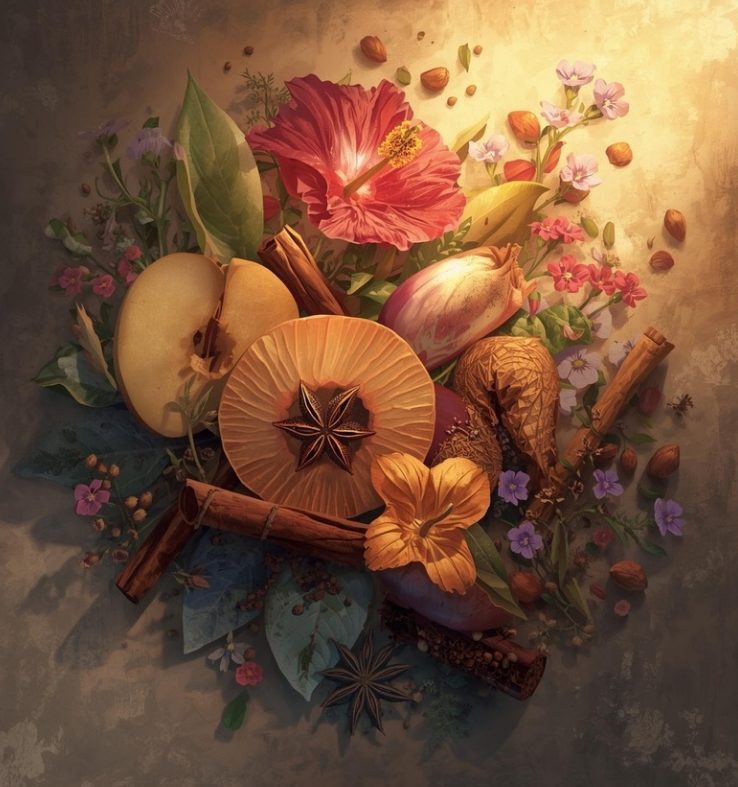 Arranjo artístico de flores, frutas, especiarias e folhas, incluindo hibisco, maçã, anis-estrelado, canela e pétalas coloridas iluminadas por luz quente.