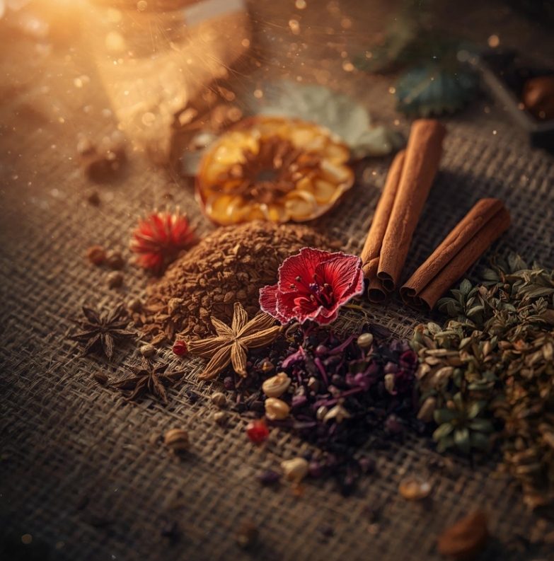 Mistura de especiarias e flores secas sobre tecido rústico, incluindo canela, anis-estrelado, hibisco, cardamomo, raspas vegetais e fatia de fruta desidratada iluminada por luz quente.
