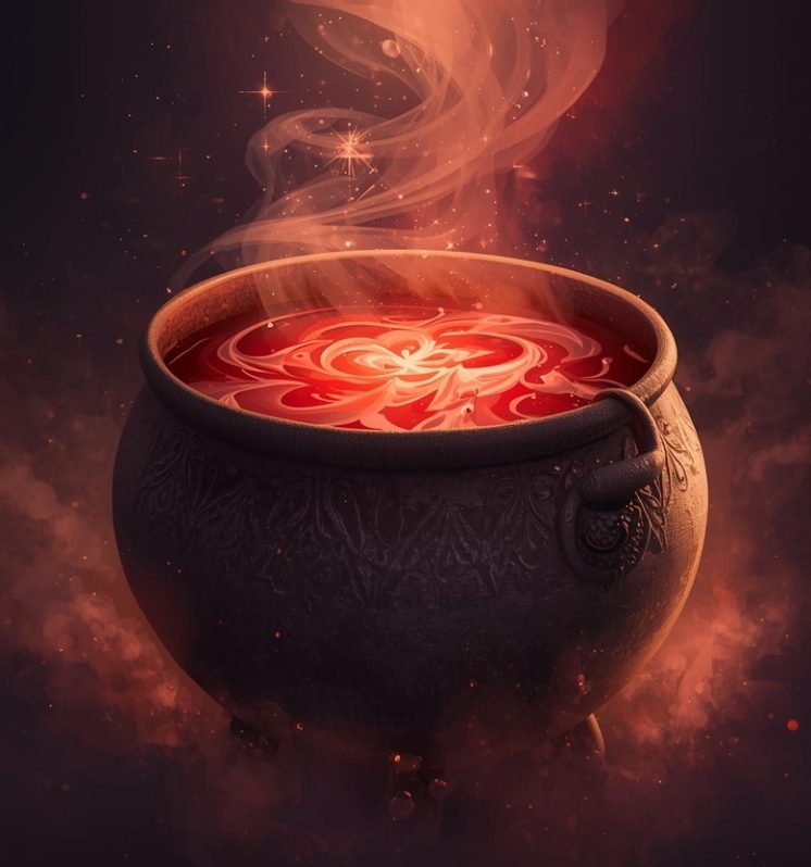 Caldeirão decorado contendo líquido vermelho brilhante com padrões místicos na superfície, envolto por fumaça e faíscas douradas em um ambiente escuro e mágico.
