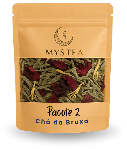Pacote dourado da marca Mystea contendo folhas secas verdes e pétalas vermelhas visíveis através da janela transparente, identificado como “Pacote 2 – Chá da Bruxa”.
