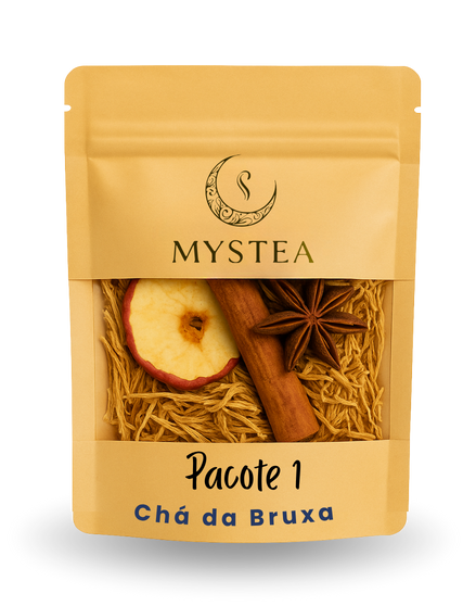 Pacote de chá artesanal da marca Mystea, contendo fatia de maçã seca, canela em pau e estrela-de-anis, exibidos em embalagem dourada.