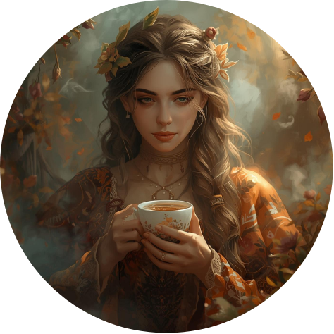 Ilustração de uma mulher jovem em ambiente outonal, segurando uma xícara de chá com as duas mãos, cercada por folhas caindo e luz suave entre árvores.