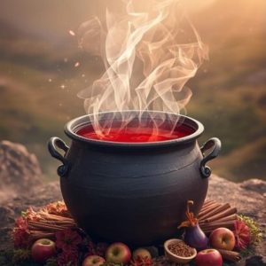 Caldeirão preto ao ar livre contendo líquido vermelho fumegante, rodeado por maçãs, especiarias e flores, em cenário natural iluminado por luz suave.